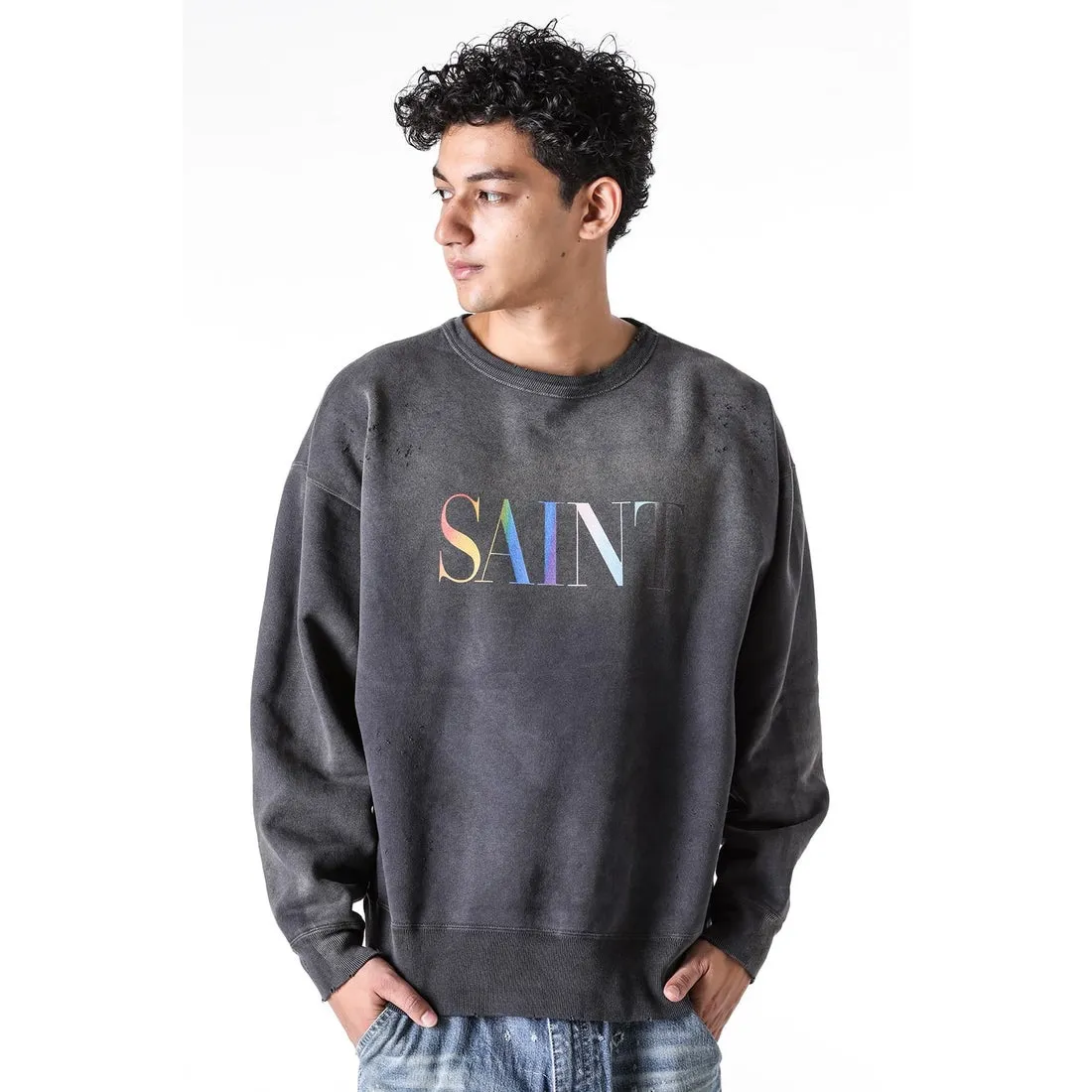 SAINT Mxxxxxx CREW NECK SWT SHIRTS 'RAINBOW SNT'/BLK Rainbow SAINT destruction sweatshirt, washed black S-XL Assute dyeing, genuine whole garment sprayed with horsetail fading process, collar/cuffs frayed in many places, front and rear panels/sleeves super complicated hanging grinding, heavy washing and water discoloration, correct fruit mark/angel mark